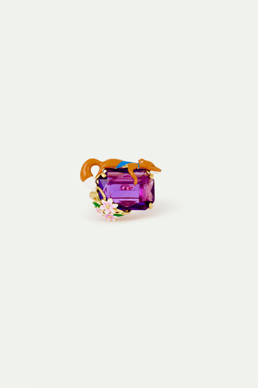 Purple rectangular stone, fox and flower pendant ring