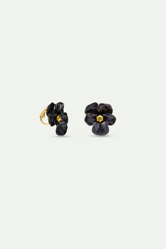 Black pansy and faceted crystal clip-on earrings