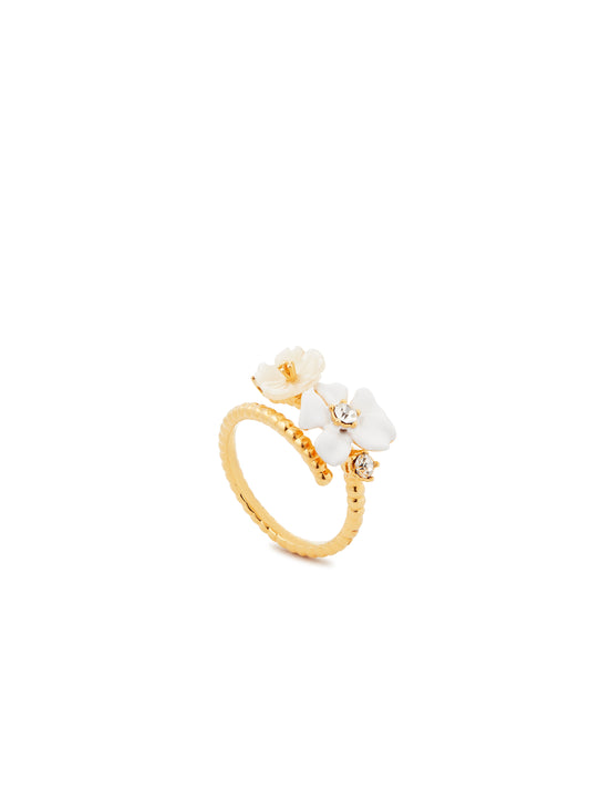 White jasmine and faceted crystal adjustable ring
