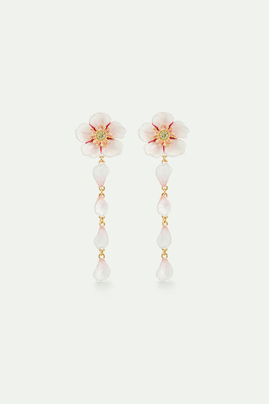 White cherry blossom dangle post earrings