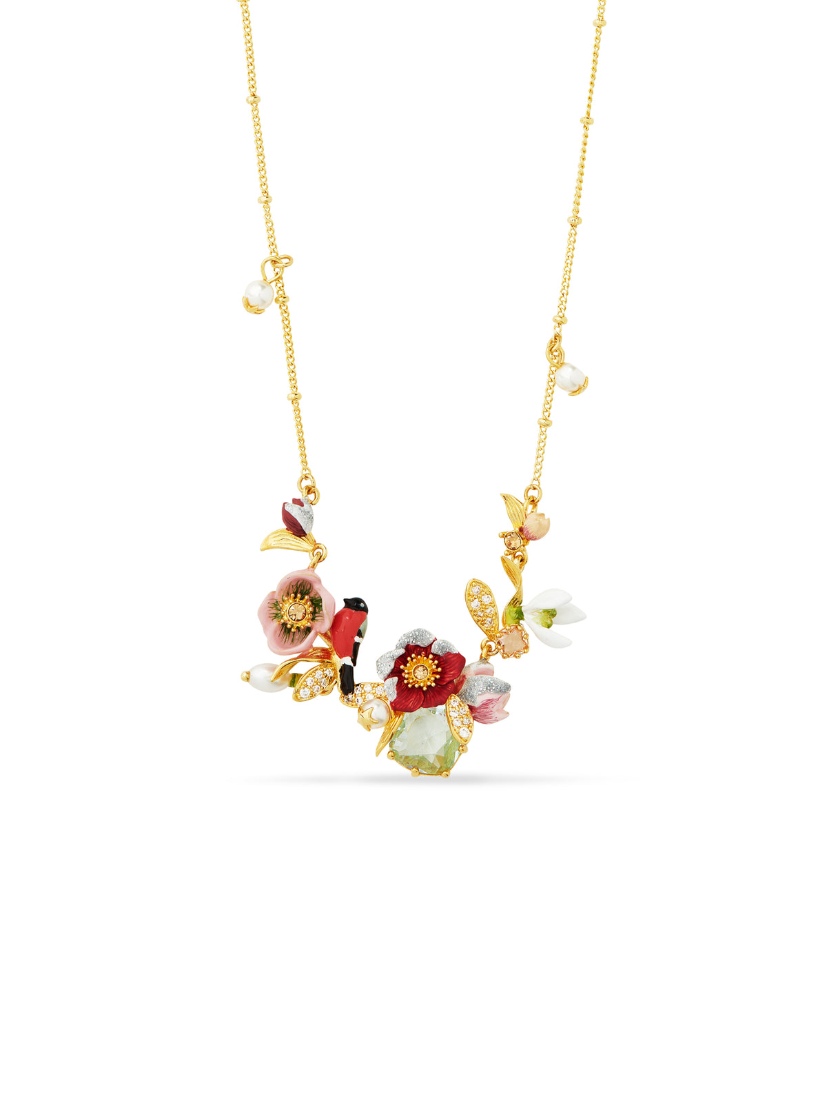 Hellebore flower, snowdrops, bullfinch and mistletoe statement necklace