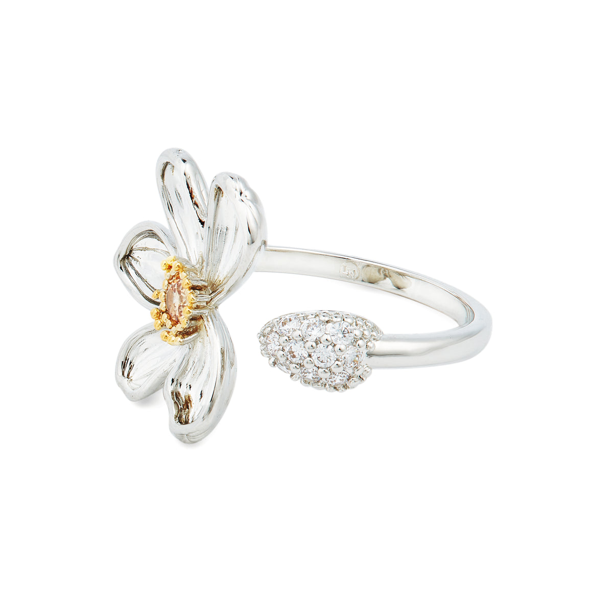 Daisy and petal paved with white crystal adjustable ring