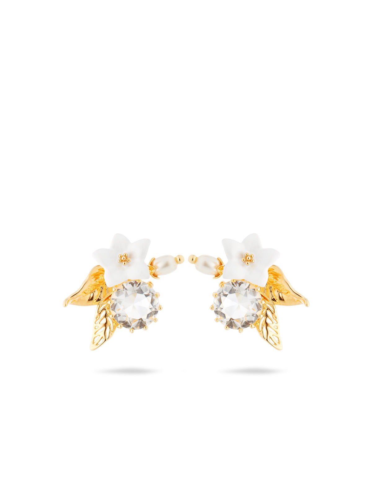 White jasmine, faceted crystal and glass pearl bead post earrings