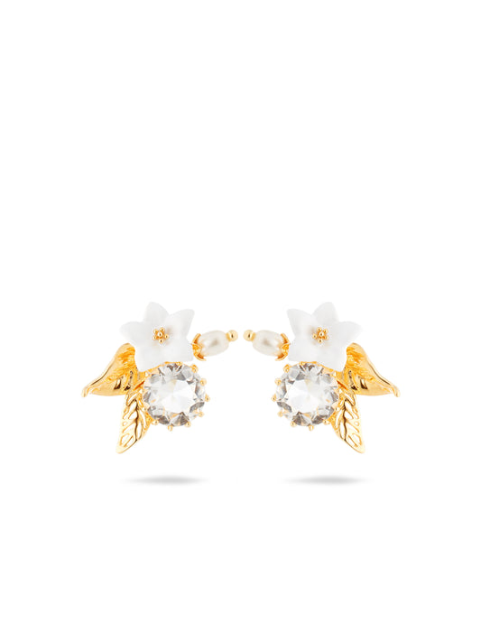 White jasmine, faceted crystal and glass pearl bead post earrings