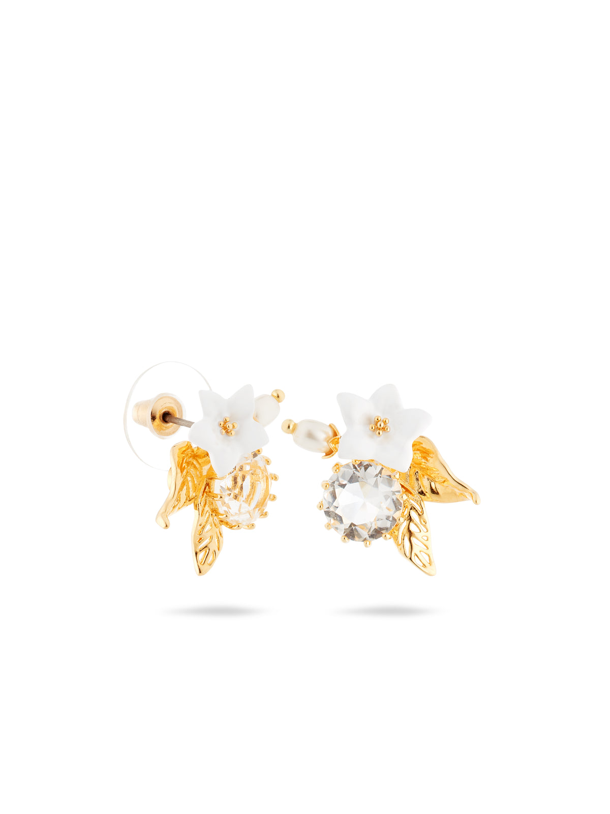 White jasmine, faceted crystal and glass pearl bead post earrings