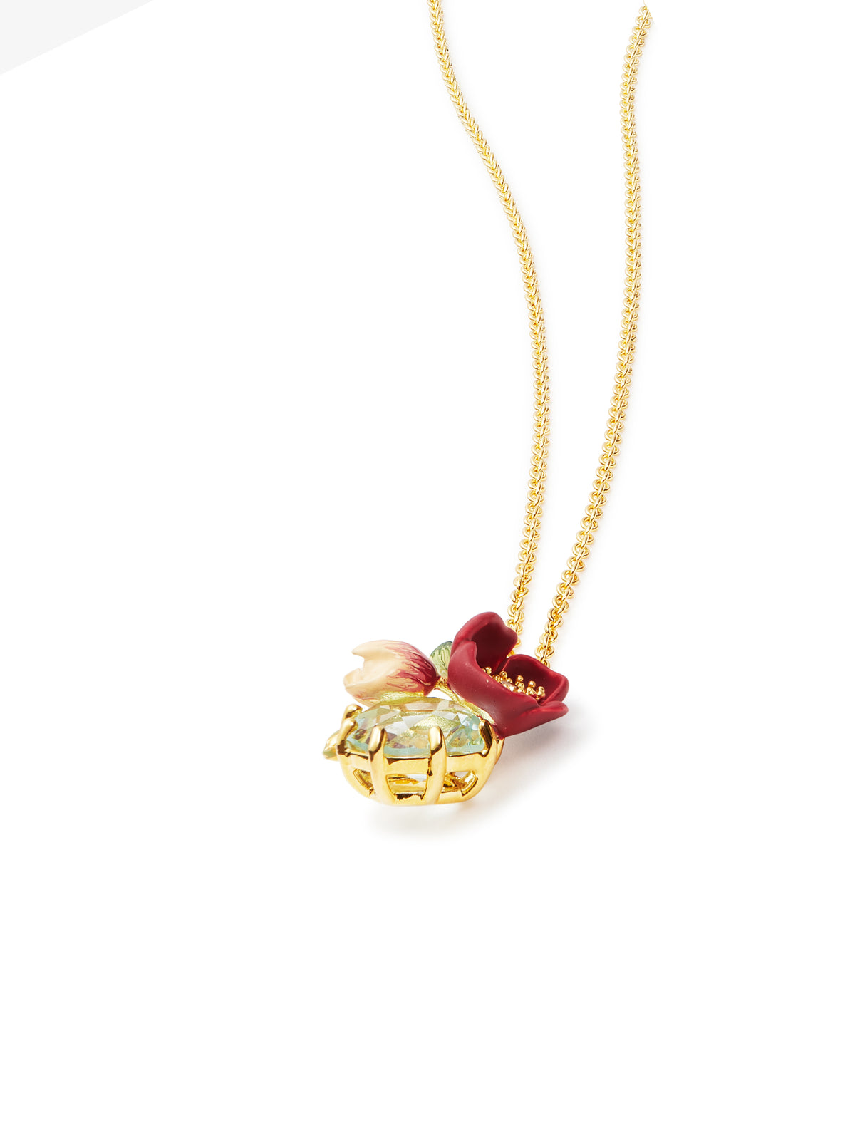 Red hellebore flower and faceted stone pendant necklace