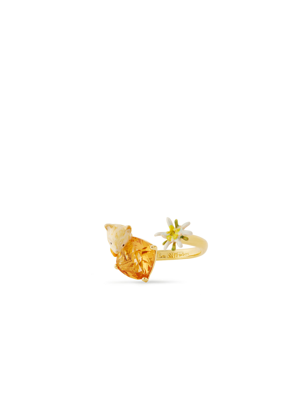 Edelweiss flower, arctic fox and faceted crystal adjustable you and me ring
