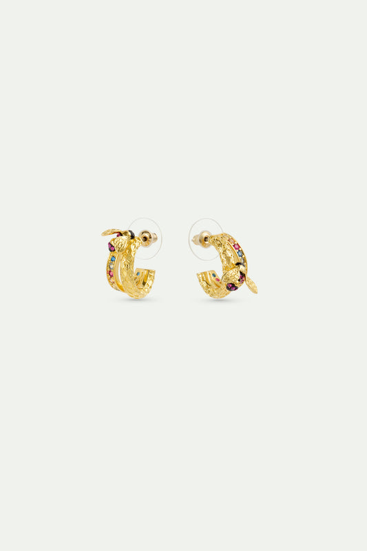 Gold hoop earrings with bee and multicoloured stones