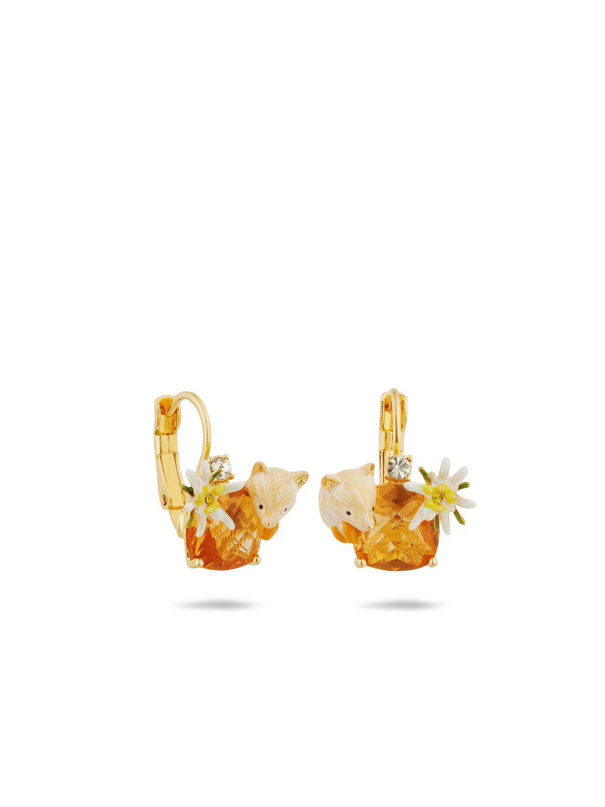 Asymmetrical edelweiss flower, arctic fox and faceted crystal sleeper earrings