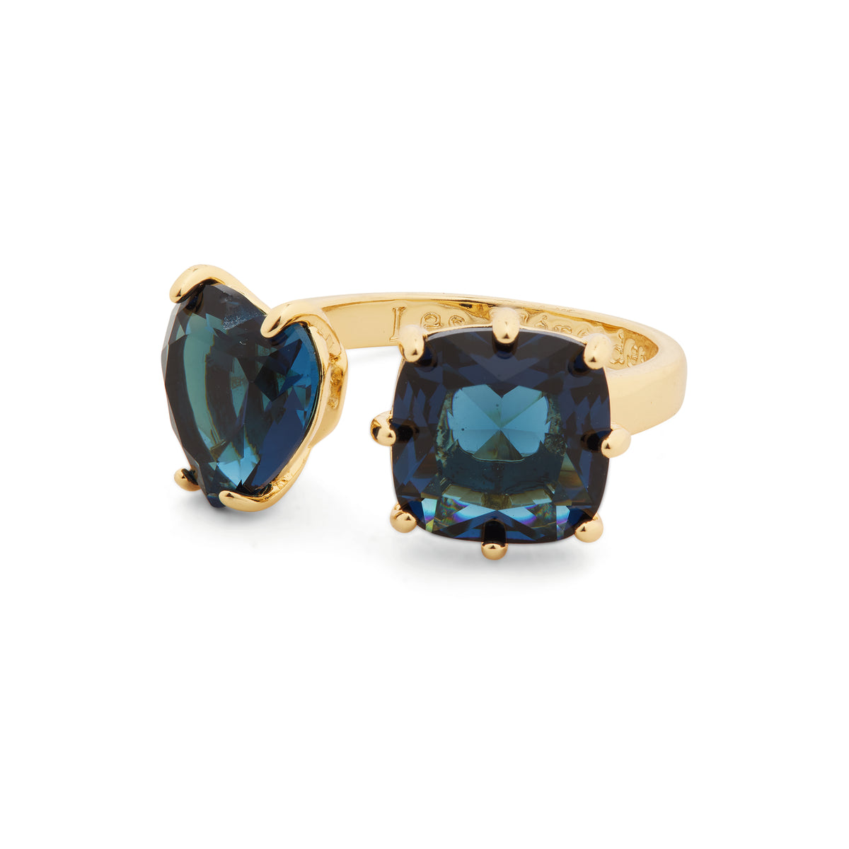 Ocean blue diamantine heart and square stone you and me adjustable ring