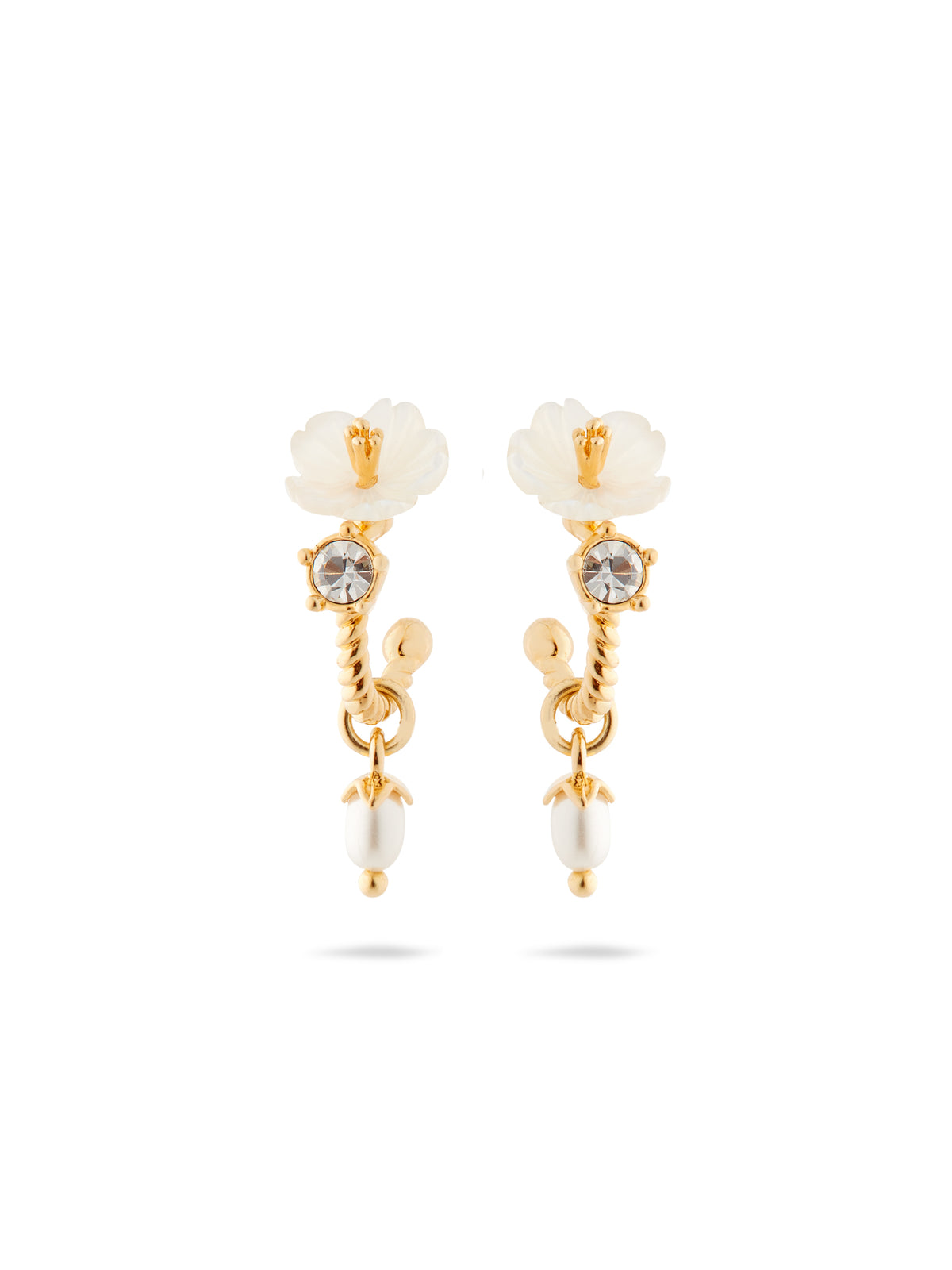 White jasmine, faceted crystal and glass pearl bead post dangle earrings