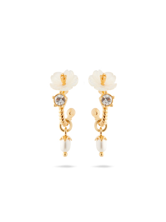White jasmine, faceted crystal and glass pearl bead post dangle earrings