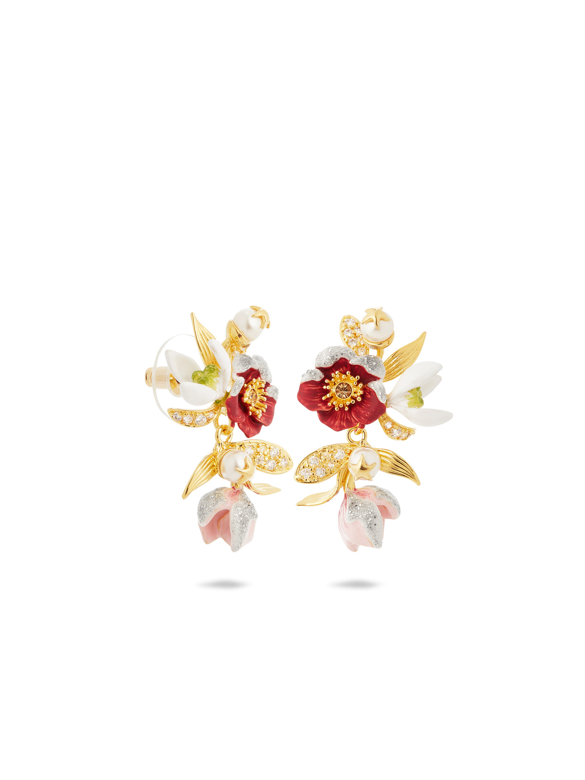 Hellebore flower, snowdrops and crystal earrings