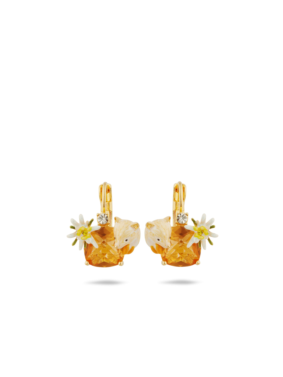 Asymmetrical edelweiss flower, arctic fox and faceted crystal sleeper earrings