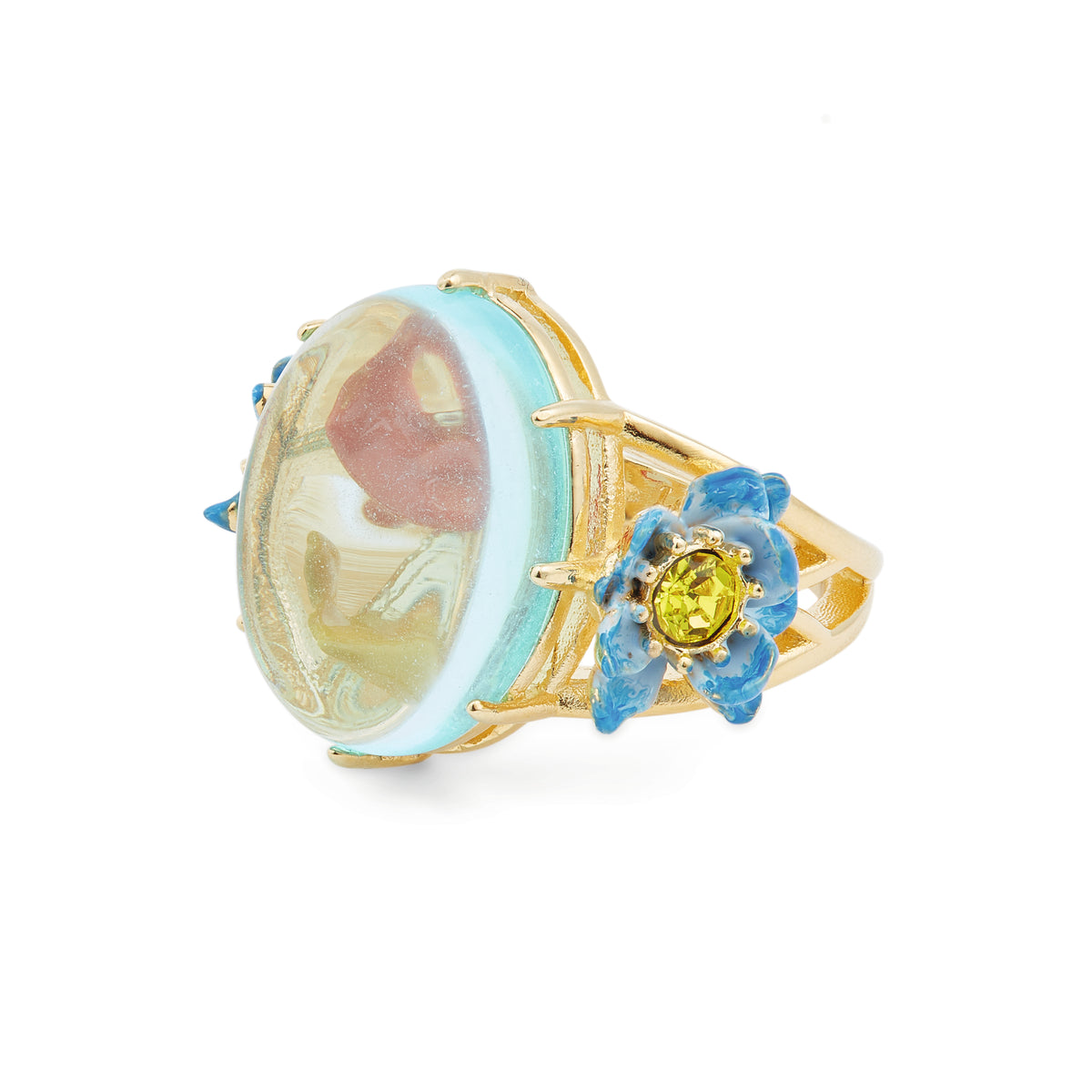 Glass oval, koi fish and blue lotus cocktail ring
