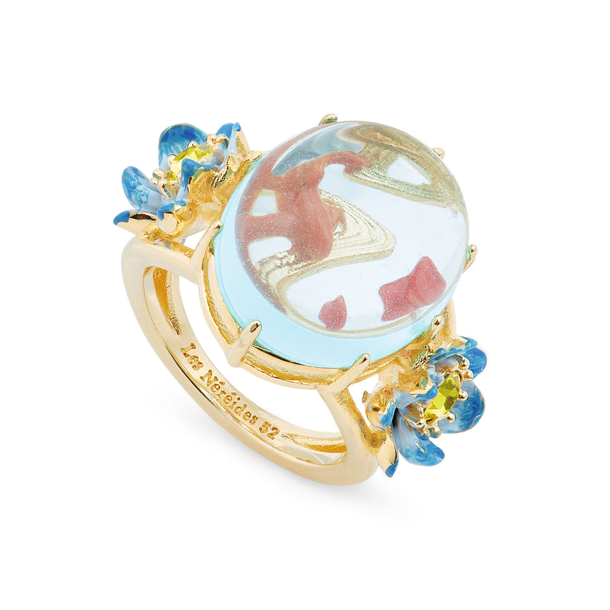 Glass oval, koi fish and blue lotus cocktail ring