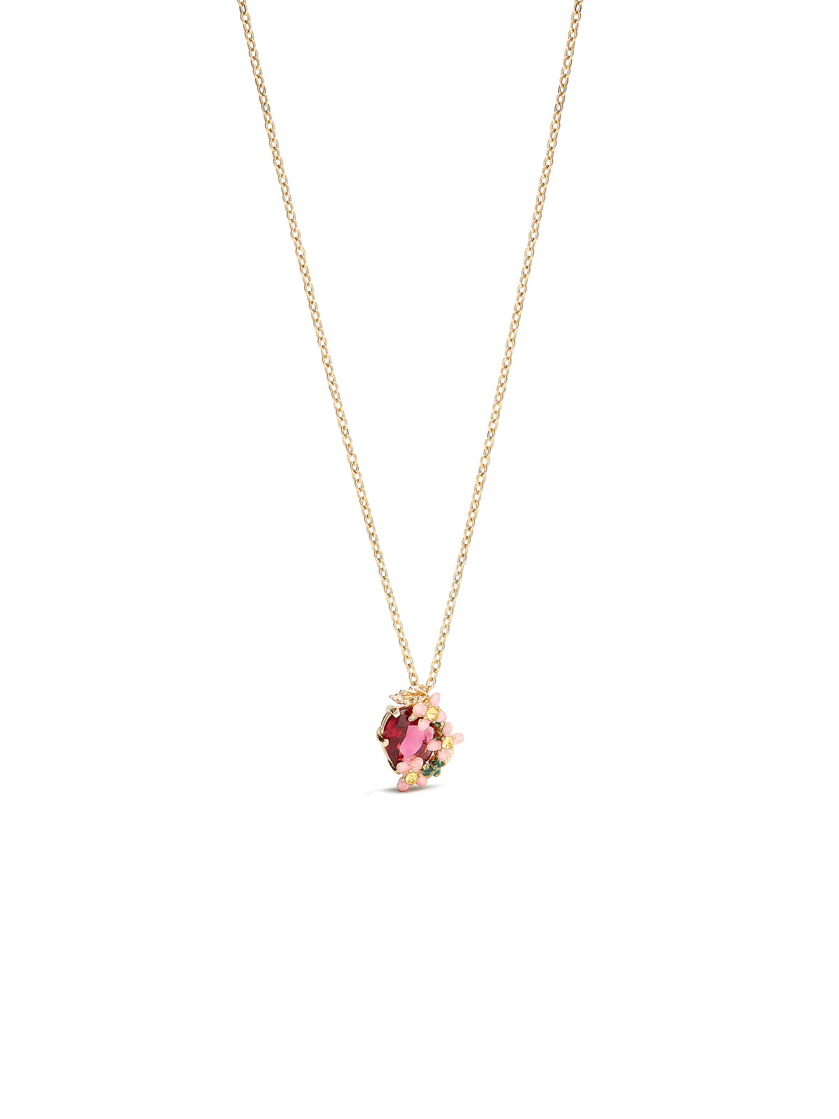 Pink faceted glass and pink flower pendant necklace