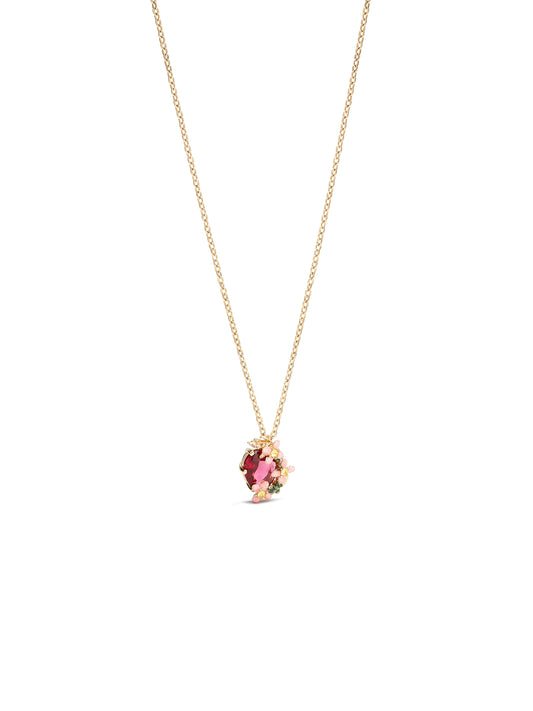 Pink faceted glass and pink flower pendant necklace