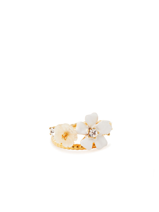 White jasmine and faceted crystal adjustable ring