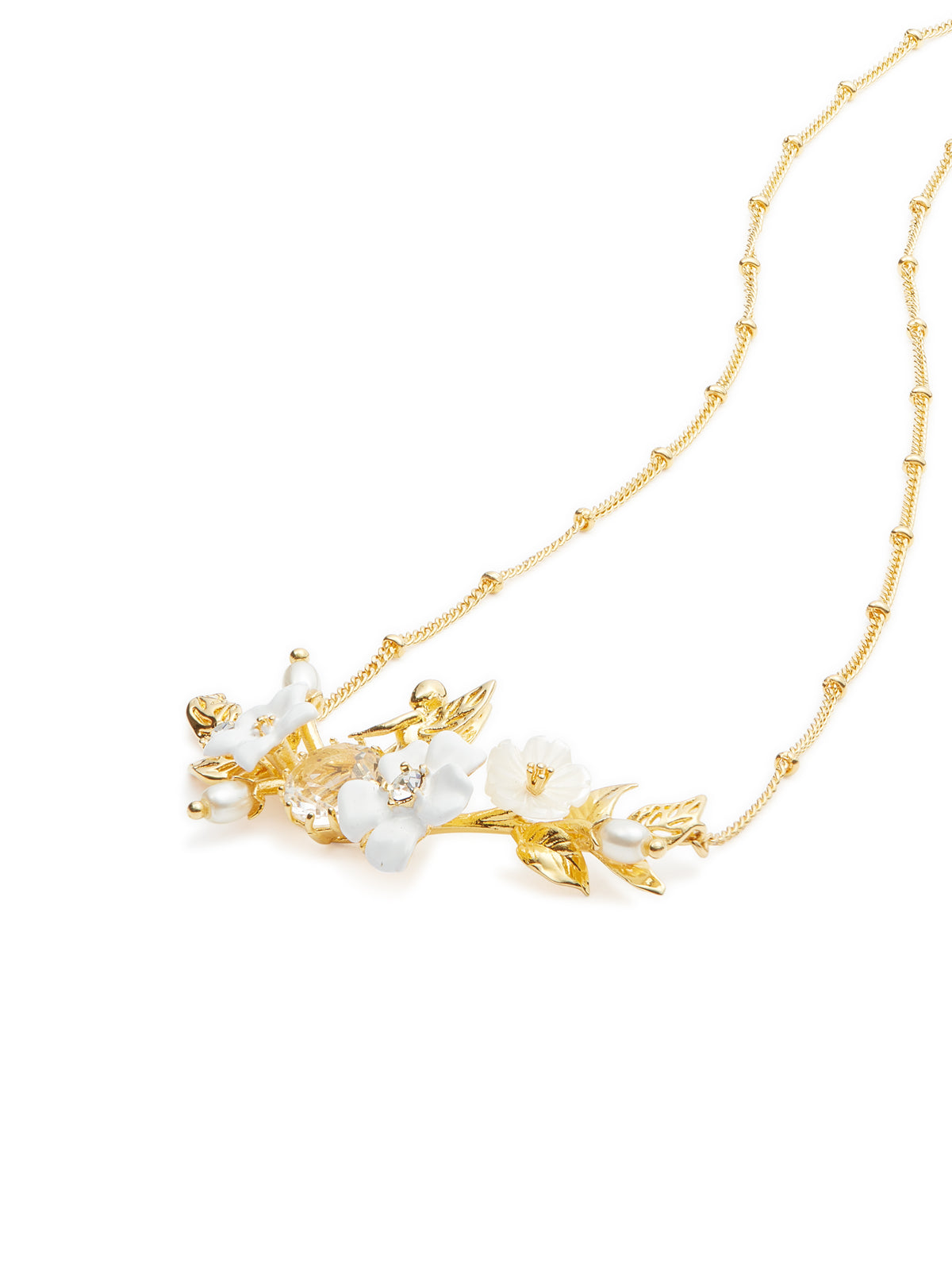 White jasmine, faceted crystal and glass pearl bead statement necklace
