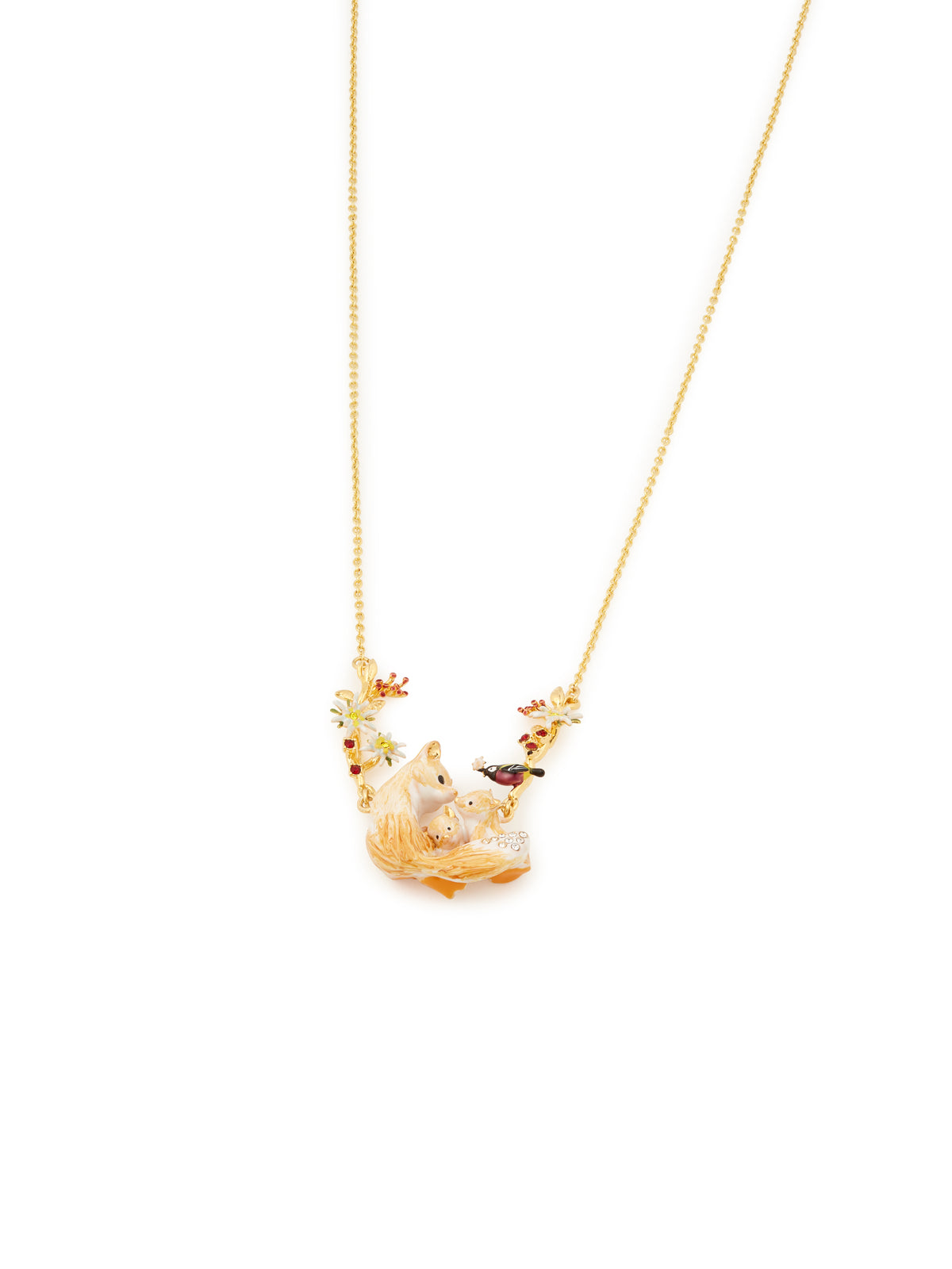 Arctic foxes, varied tit, edelweiss flower and cotoneaster statement necklace