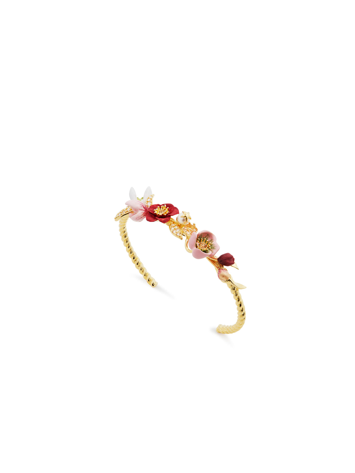 Cuff bracelet composed of hellebore flower, glass pearl beads and leaves paved with cubic zirconia