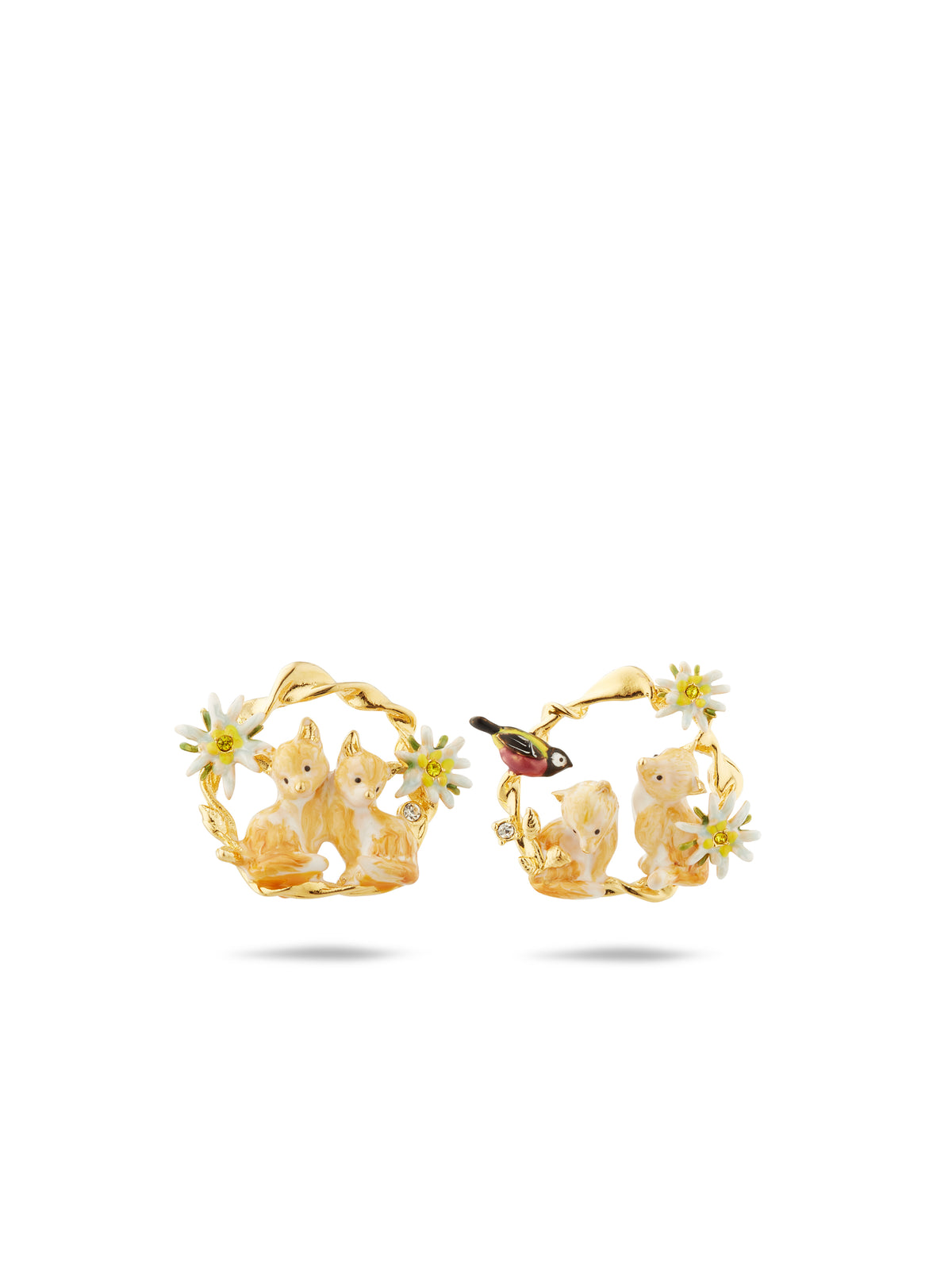Asymmetrical edelweiss flower, arctic fox and varied tit hoop earrings