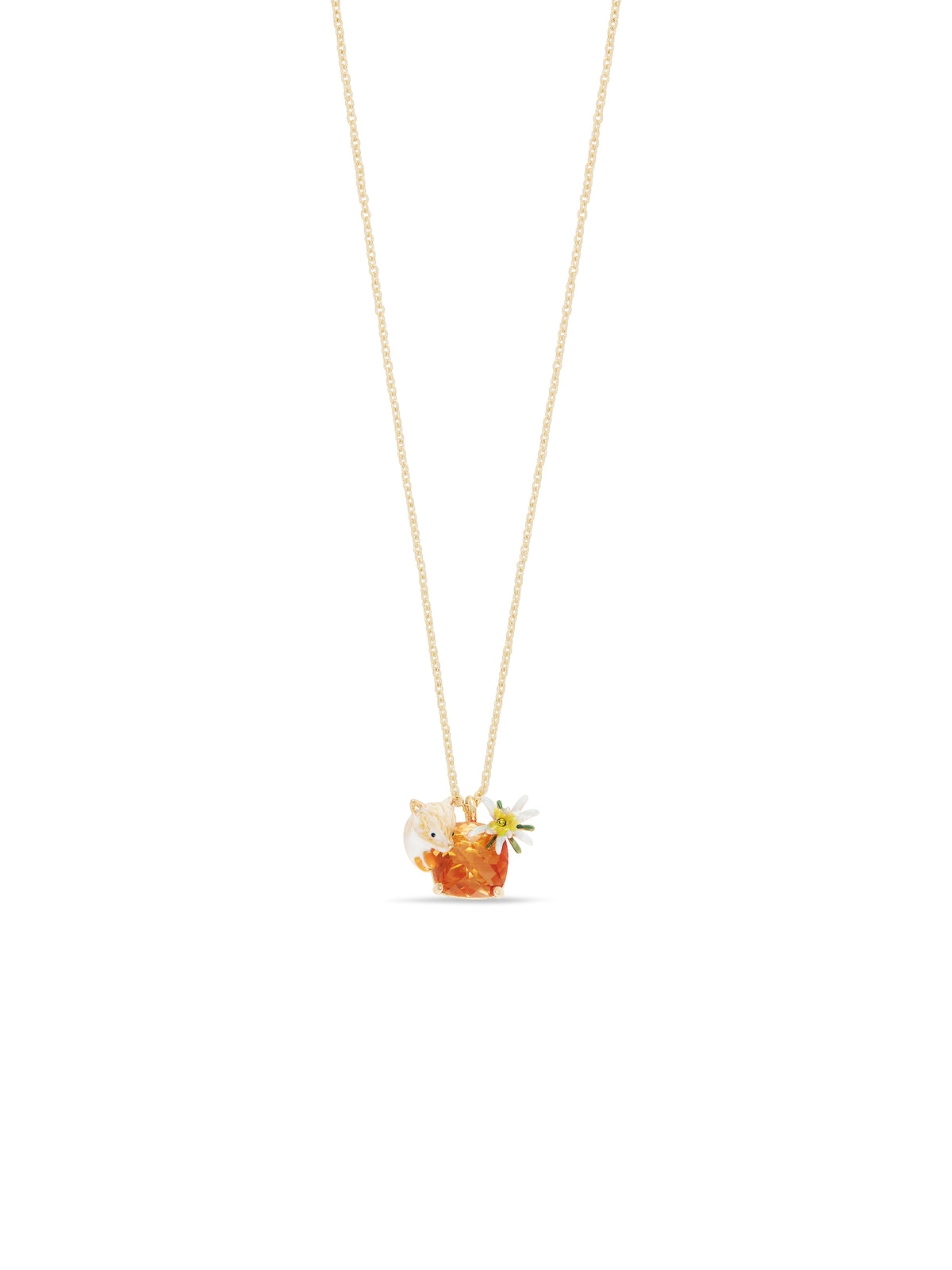 Edelweiss flower, arctic fox and faceted crystal pendant necklace