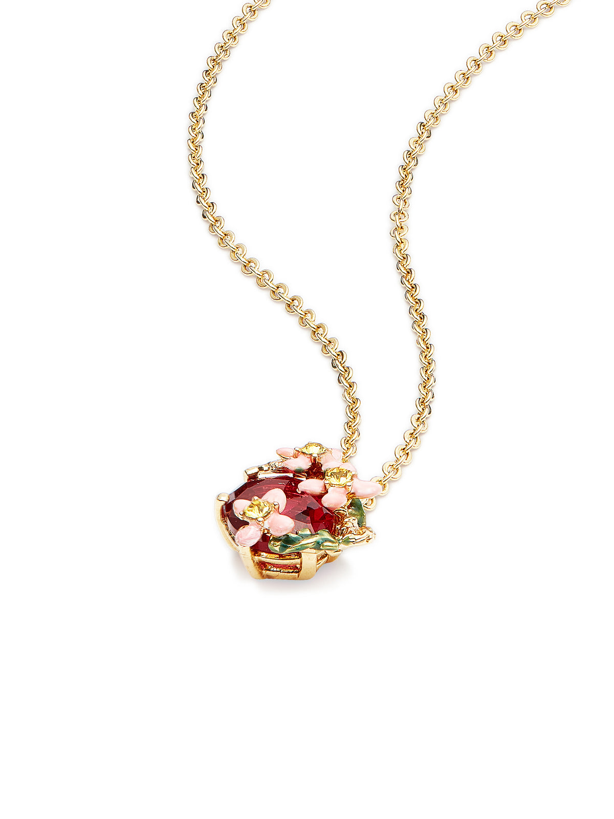 Pink faceted glass and pink flower pendant necklace