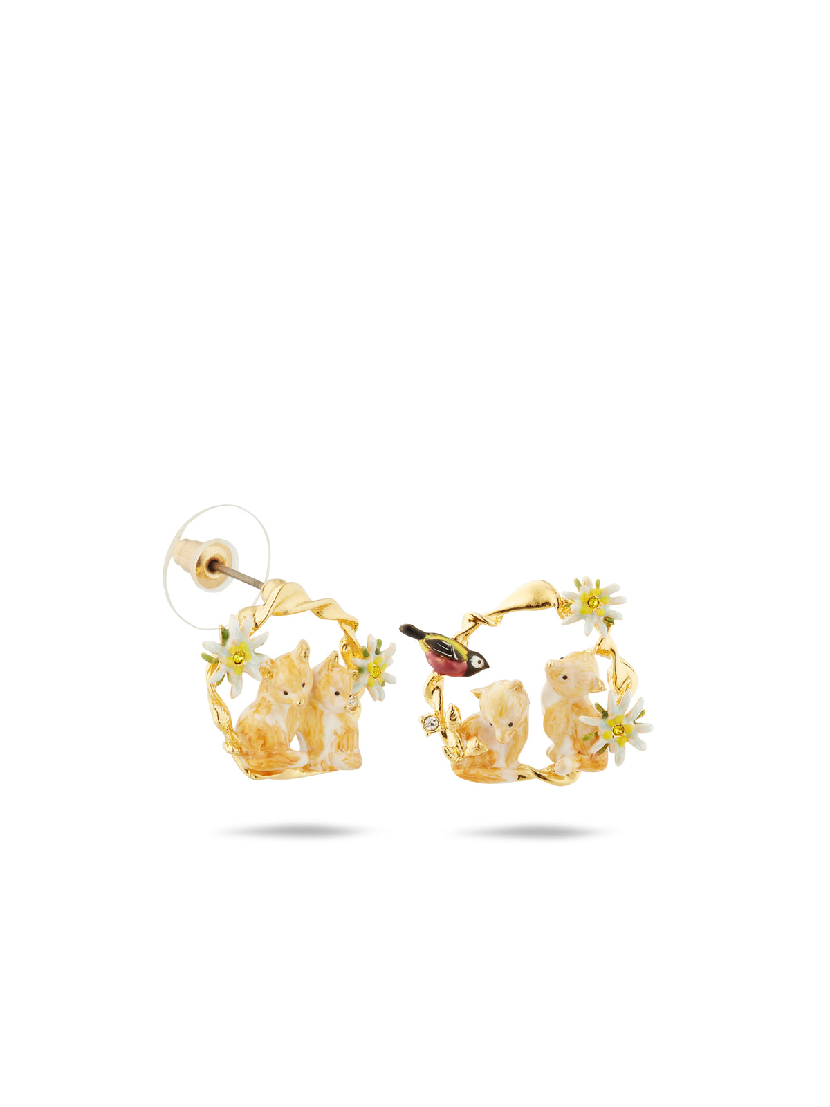 Asymmetrical edelweiss flower, arctic fox and varied tit hoop earrings