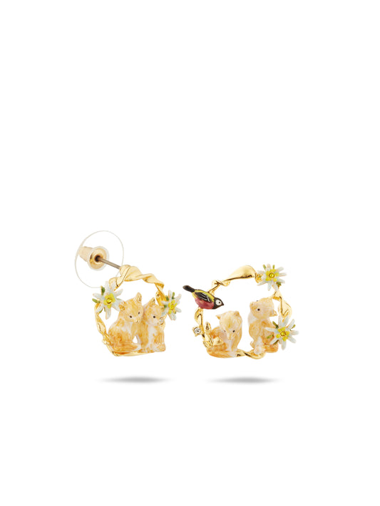 Asymmetrical edelweiss flower, arctic fox and varied tit hoop earrings