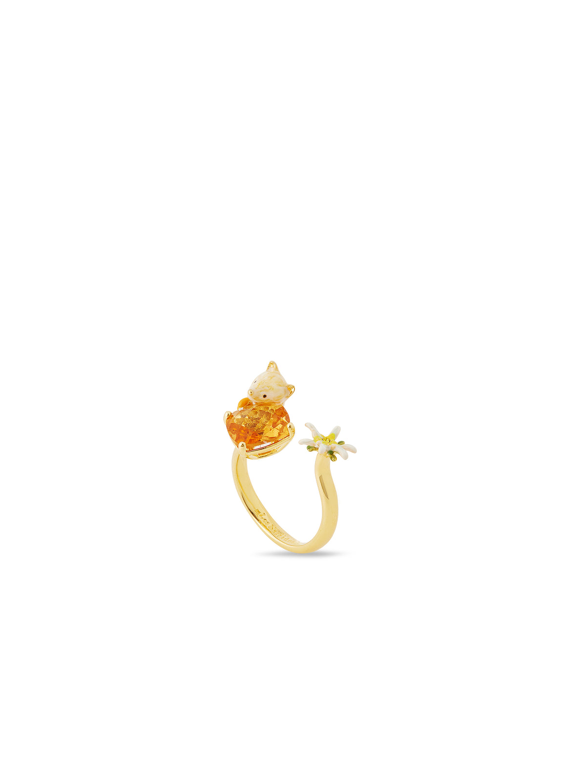 Edelweiss flower, arctic fox and faceted crystal adjustable you and me ring