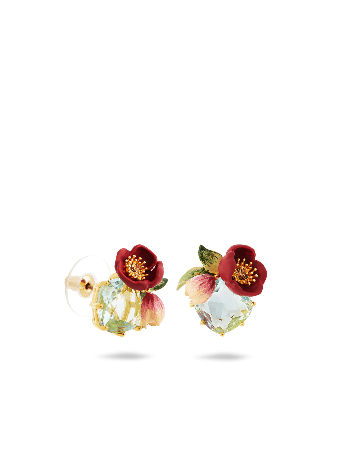 Red hellebore flower and faceted stone earrings