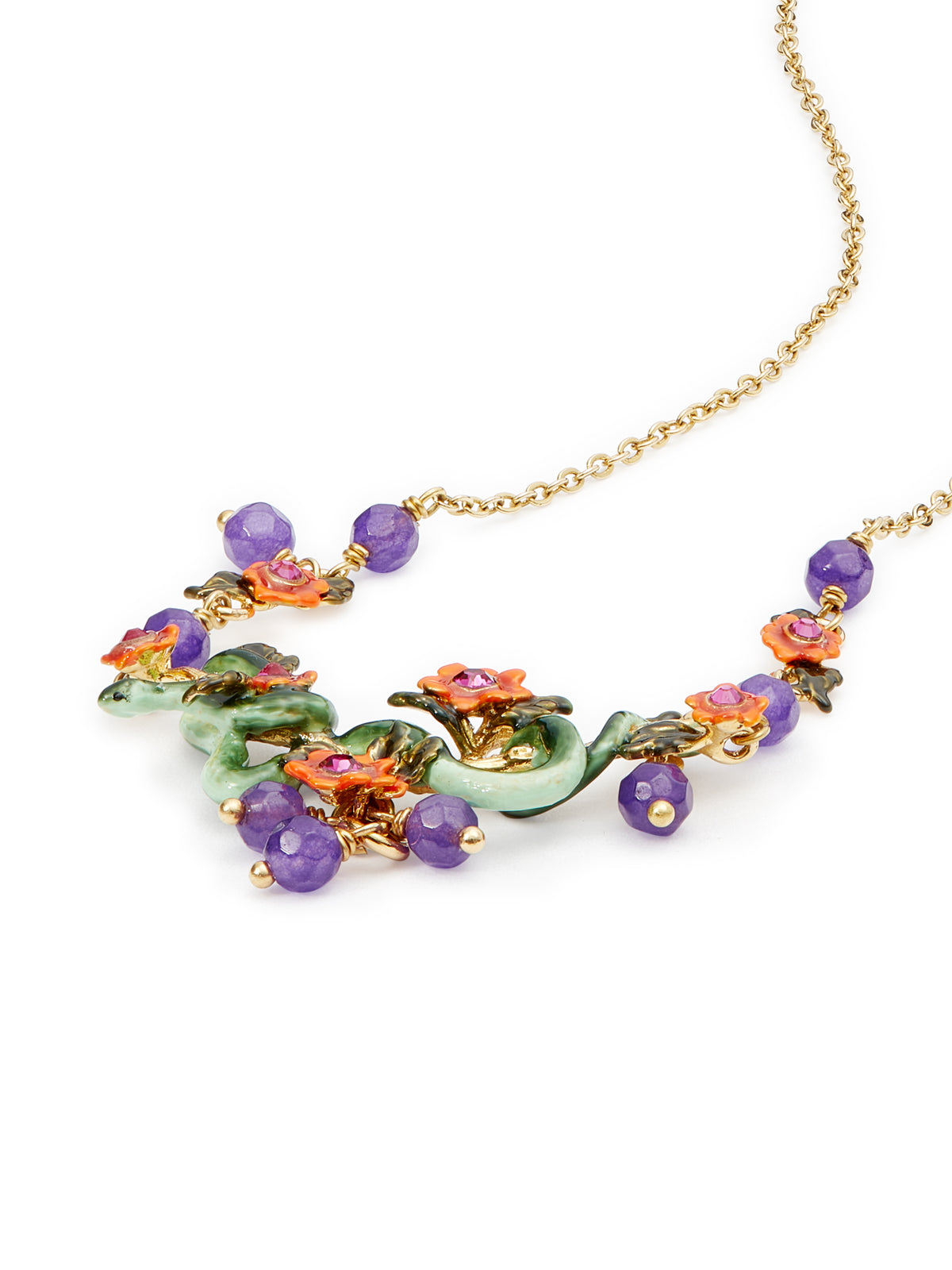 Snake, red flowers and glass beads statement necklace