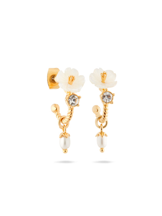 White jasmine, faceted crystal and glass pearl bead post dangle earrings