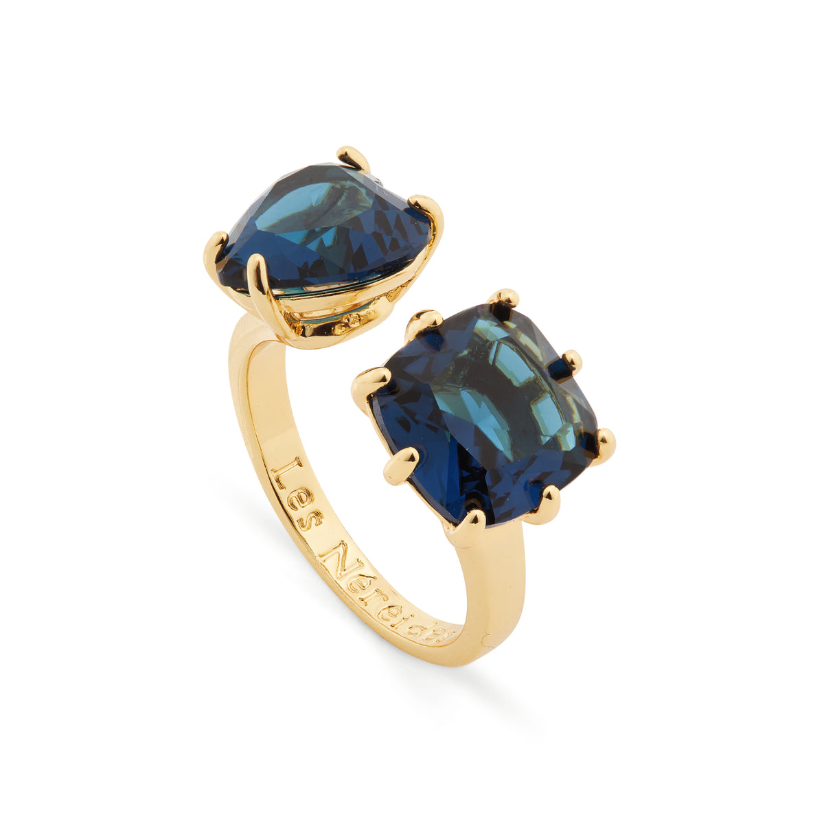 Ocean blue diamantine heart and square stone you and me adjustable ring