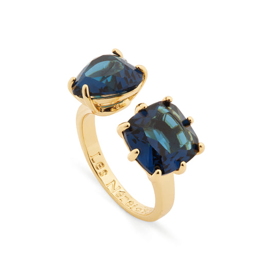 Ocean blue diamantine heart and square stone you and me adjustable ring