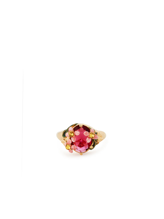 Pink faceted glass and pink flower cocktail ring