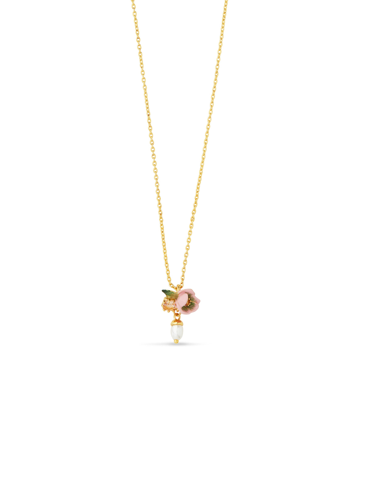 Pink hellebore flower and glass pearl bead pendant necklace