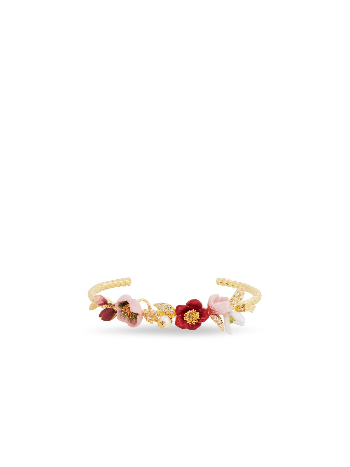 Cuff bracelet composed of hellebore flower, glass pearl beads and leaves paved with cubic zirconia