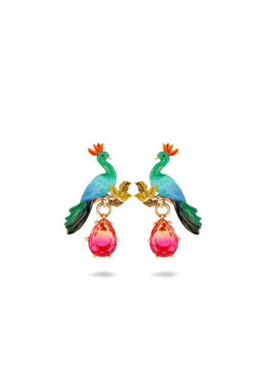 Peacock and faceted glass pear post earrings