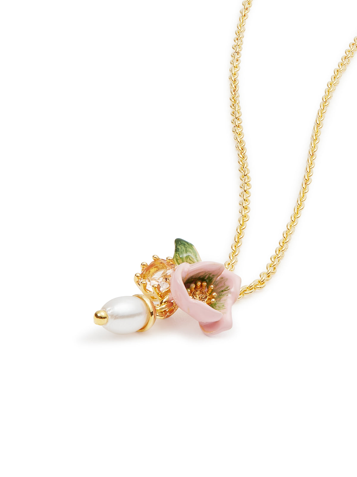 Pink hellebore flower and glass pearl bead pendant necklace
