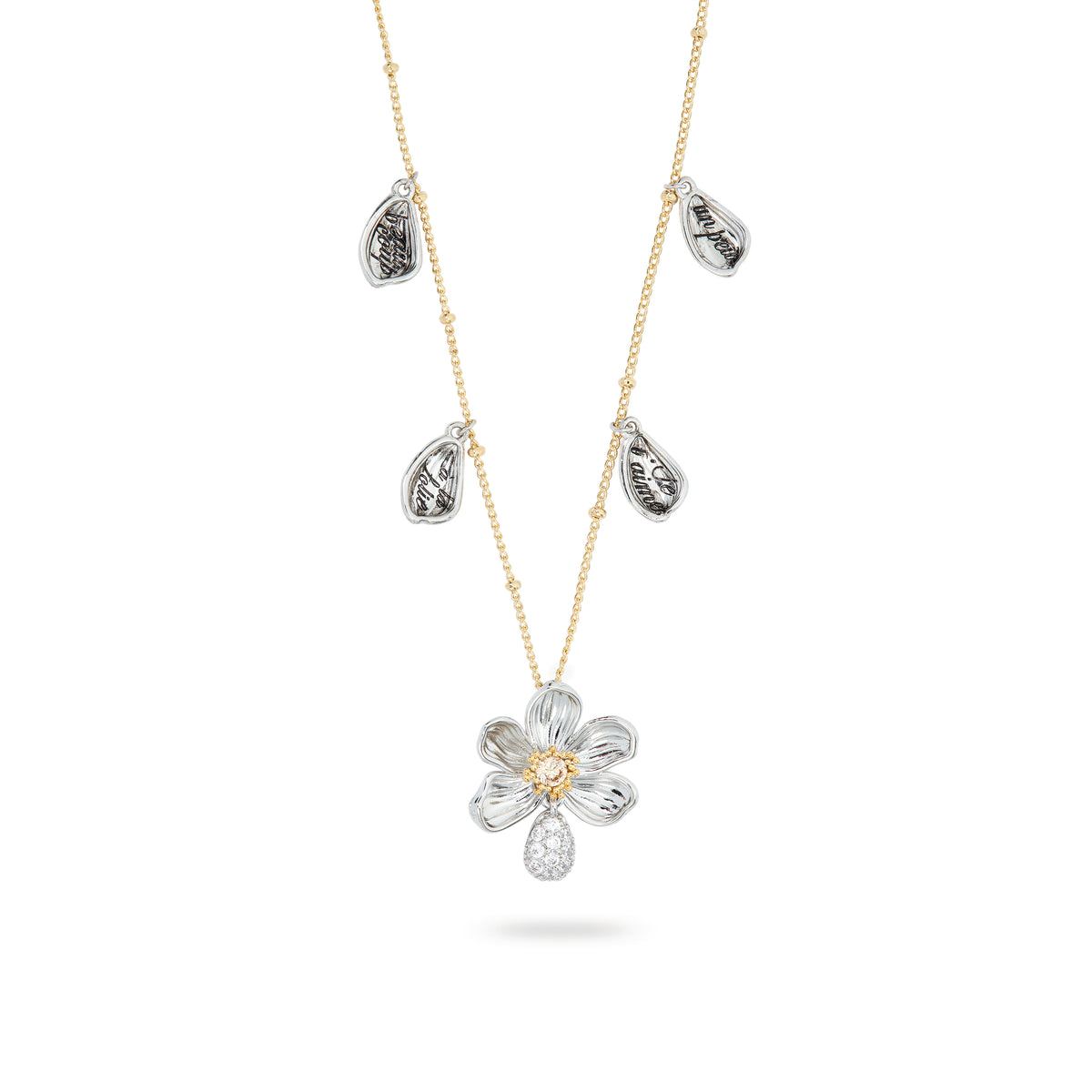 Daisy and engraved petal pendant necklace