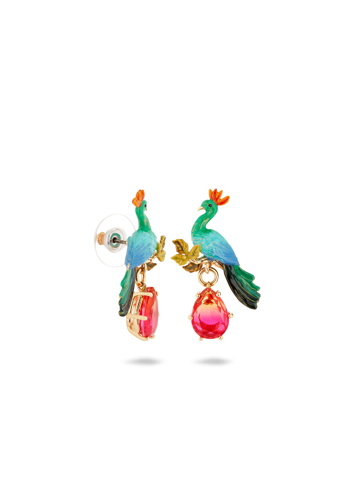 Peacock and faceted glass pear post earrings