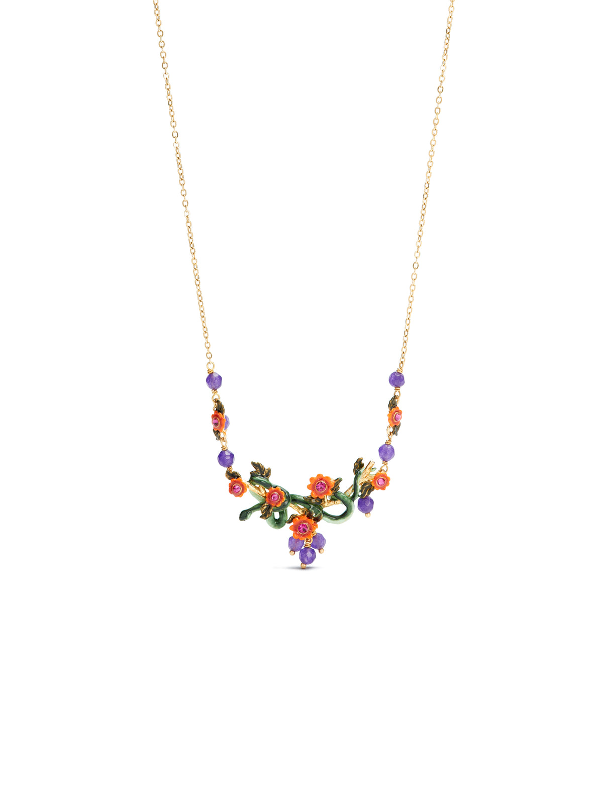 Snake, red flowers and glass beads statement necklace