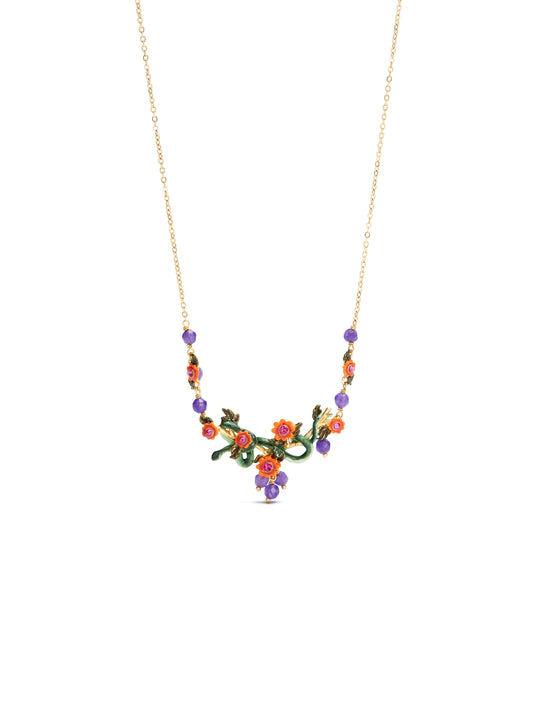 Snake, red flowers and glass beads statement necklace